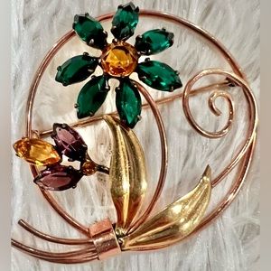 Vintage i/20 12K Gold Filled Brooch with Green Orange Smoky Purple Rhinestones
